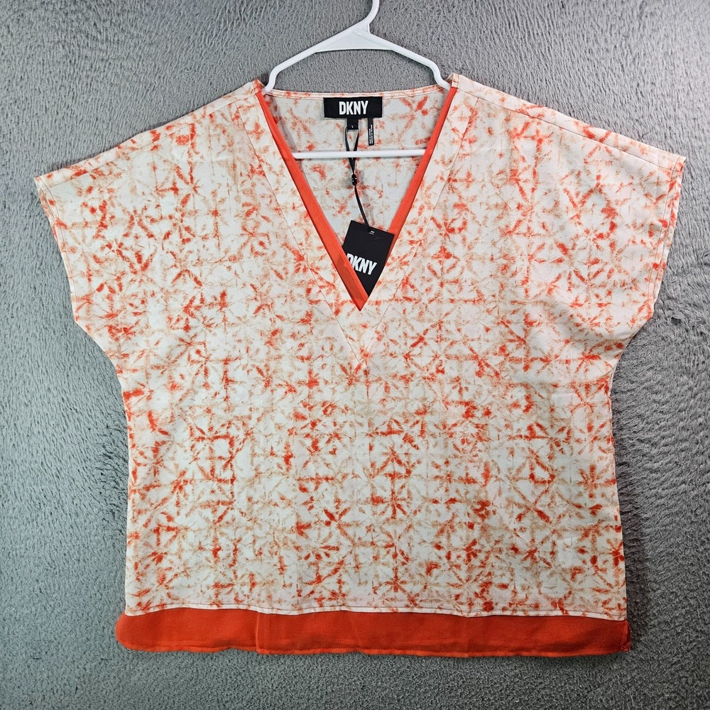 NEW DKNY Top Blouse Women Large V-Neck Lightweight Orange White